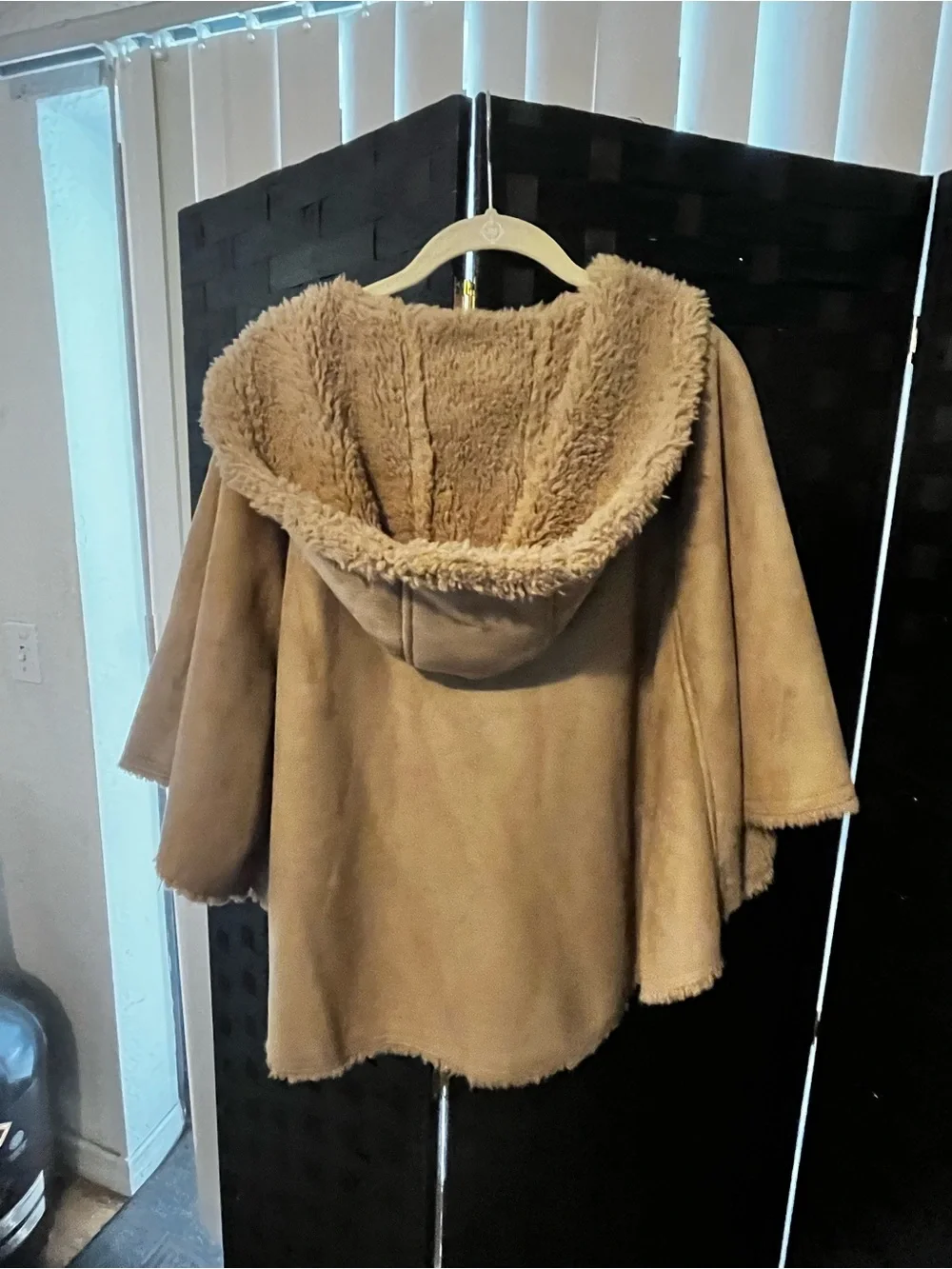 Faux Shearling Toggle Cape Jacket in Camel